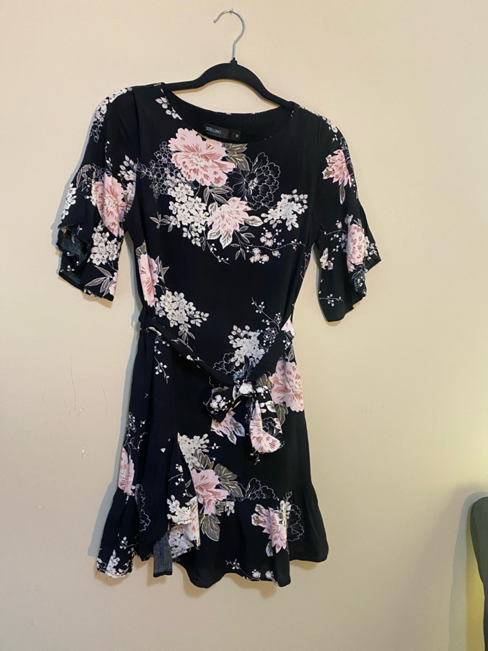 Stellino Women's Black Mini Dress with Pink Floral Print and Tie Waist